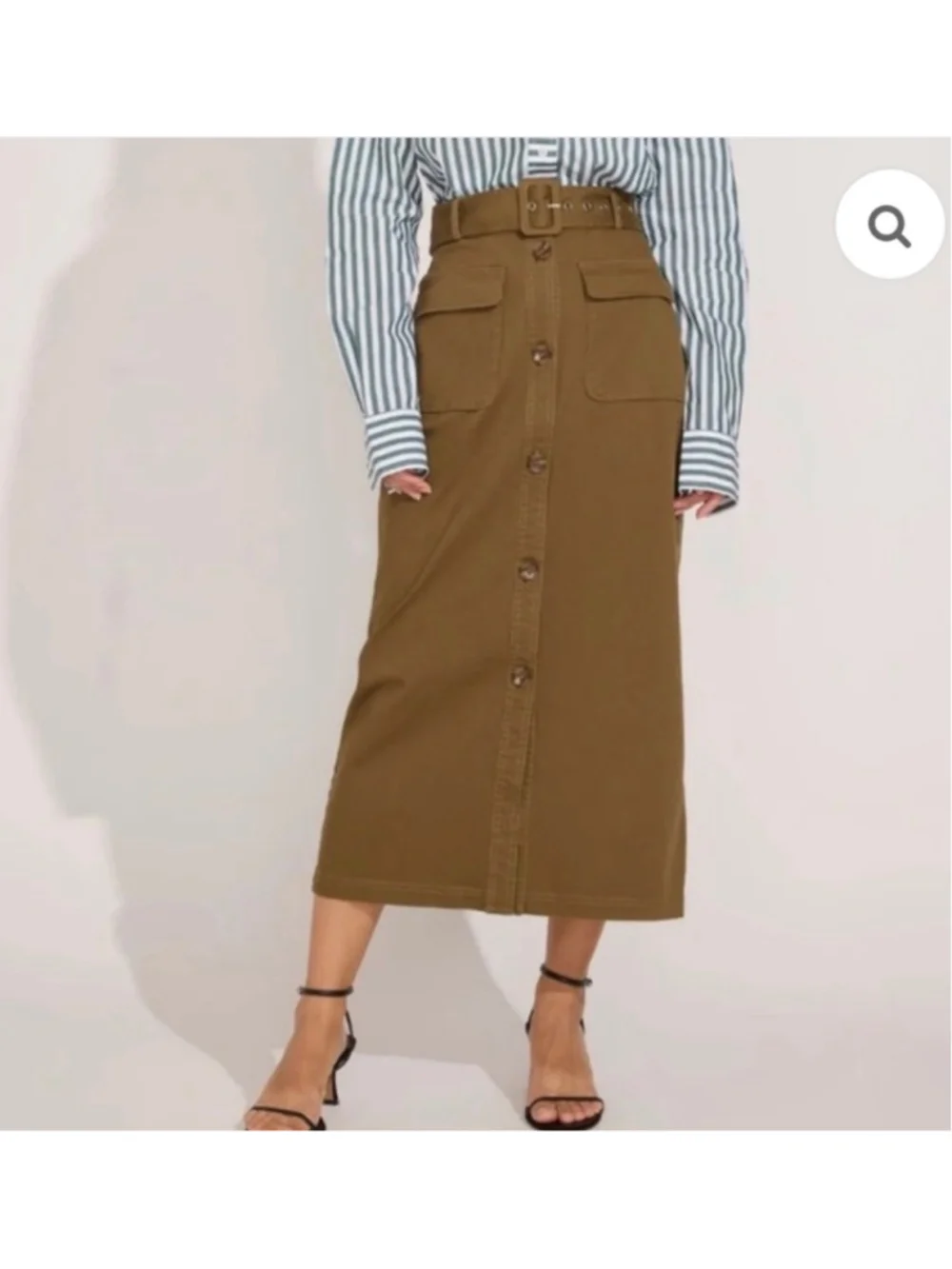 Women's Solid & Striped Midi Skirt Size S Olive Button Front Belted